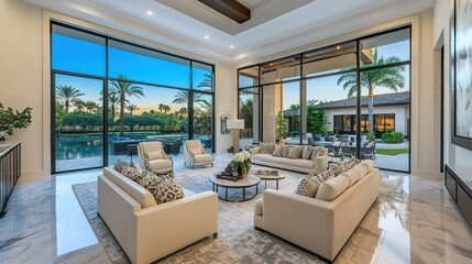 A luxury living room with expansive windows and outdoor views