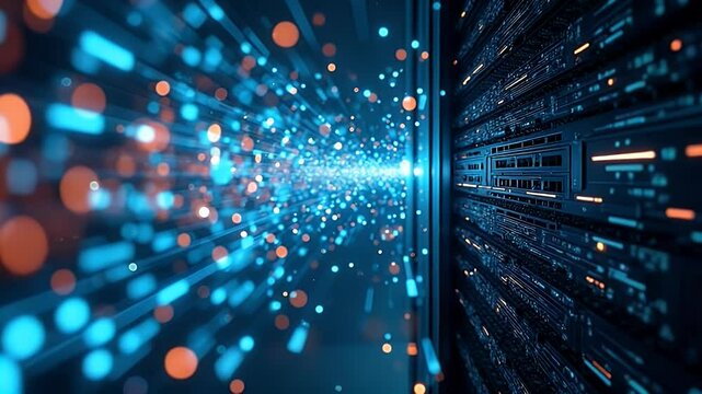A futuristic data center with vibrant light trails representing data flow, showcasing advanced technology and connectivity - Powered by Adobe