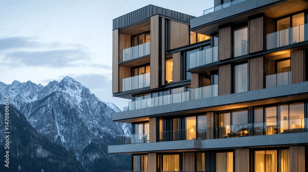 Poster modern architectural building structure with mountains visible in the background