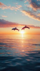 Two dolphins leap in the air during a beautiful sunset over a calm sea
