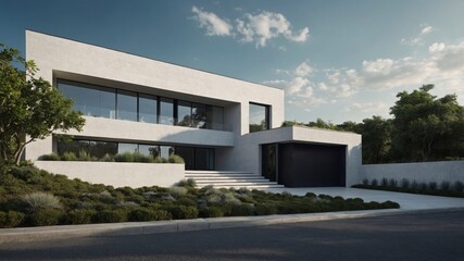 Obraz premium Modern house with a striking white brick exterior and unique architectural style offering a contemporary approach to home design