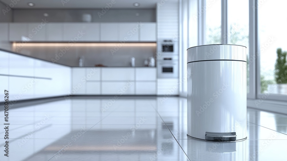 Poster smart trash can with sensor opening mechanism in a high-tech kitchen setting with glossy finishes