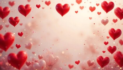 Obraz premium Romantic background featuring 3D pink and red hearts scattered around a soft pink backdrop with empty space in the center, perfect for Valentine's Day, love-themed messages, or greeting cards.