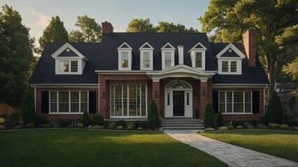 Obraz premium Charming two-story suburban colonial revival style house surrounded by lush greenery and a welcoming front yard with classic architecture