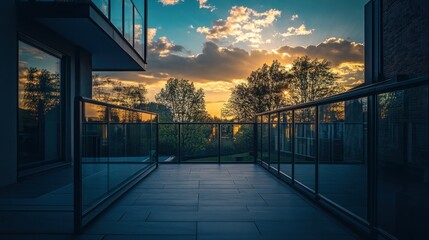Modern balcony view overlooking beautiful scenic sunset landscape outdoors