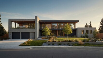 Obraz premium Sleek and modern two-story house in the suburbs of denver showcasing contemporary design elements with clean lines and expansive