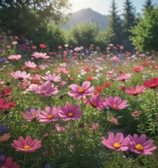 Fototapeta premium Vibrant cosmos flowers blooming in a lush garden , wildflower, background
