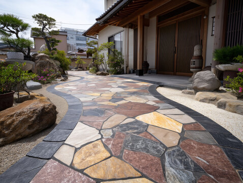日本家屋の玄関アプローチに敷かれた乱形石と植栽の美しい外構