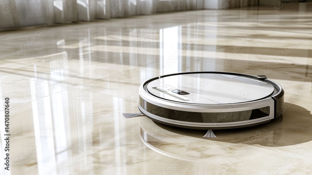 Poster vacuum robot turning at wall corner with built-in lidar sensor, ensuring full area coverage