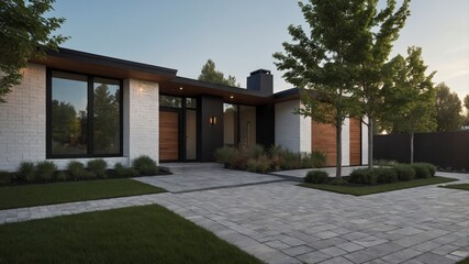 Fototapeta premium Contemporary two-story suburban house with minimalist design and inviting outdoor spaces perfect for family living and modern lifestyle