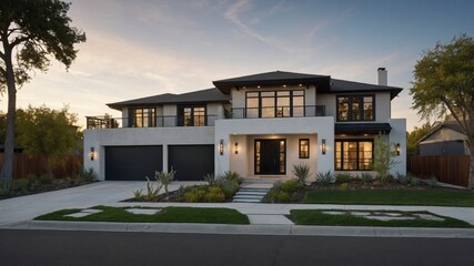 Modern two-story suburban home featuring transitional architecture and stylish design elements in a lush neighborhood setting