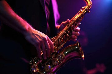Close-up of a saxophone, gleaming under stage lights, ready to play , golden, musical, dark