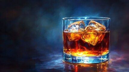 Detailed close-up of a whiskey glass with ice.