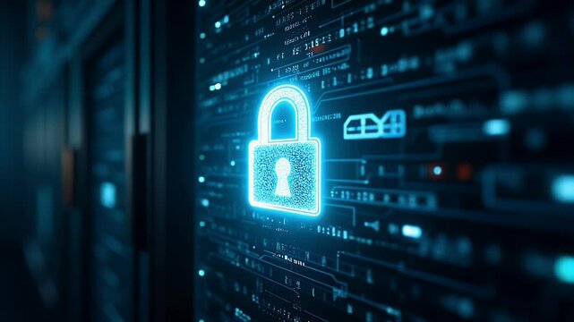 A glowing digital padlock symbolizing cybersecurity, set against a dark background of data servers and binary code