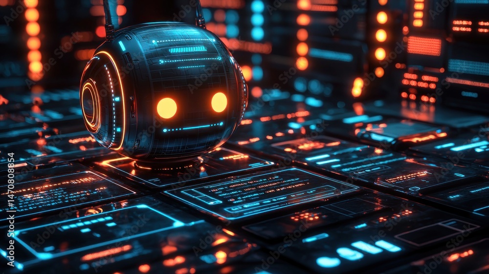Poster futuristic robot device surrounded by digital interface components