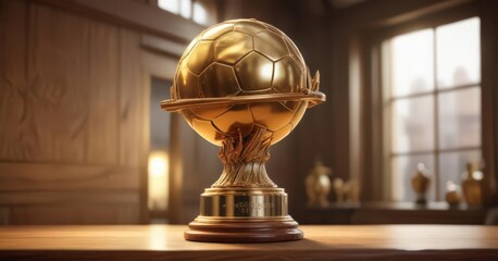 Gleaming gold football trophy on rich wood, sunlit ,  light,  recognition,  surface