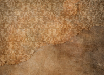 Aged damaged concrete wall and part decorative plaster for background design.