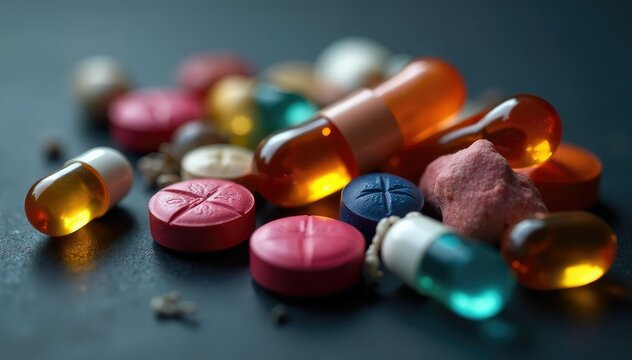 Close-up of various pain relief pills and capsules against a dark background , ibuprofen, pain