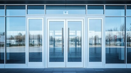 Fototapeta premium Modern architecture features glass doors and surrounding reflective windows
