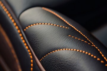 close-up of black leather upholstery with orange decorative stitching in curved patterns