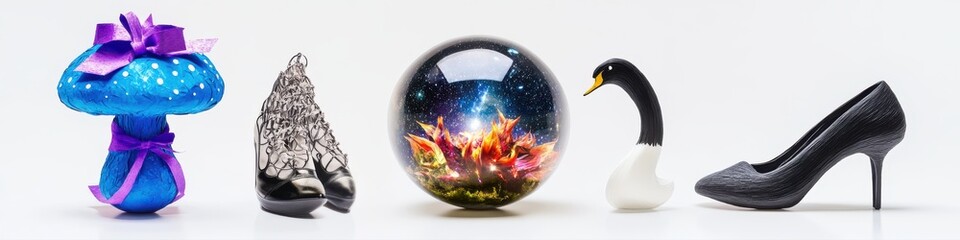 Fantasy figurines, a celestial sphere, a mushroom, a swan, and a high heel shoe