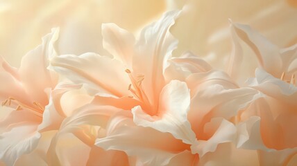 Obraz premium Elegant Soft Pink Lily Flowers with White Edges in Creamy Blurred Background Illuminated by Gentle Light Capturing Botanical Floral Beauty
