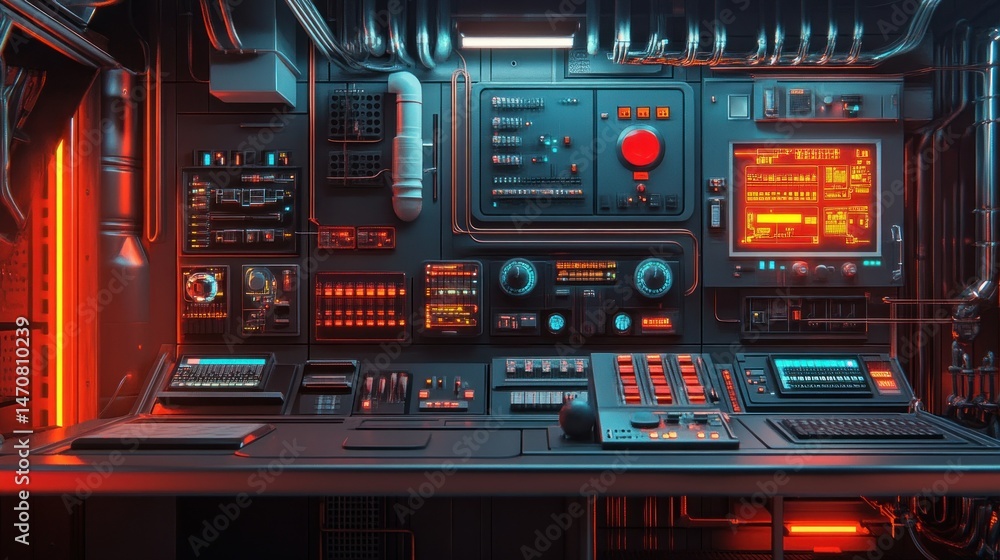 Poster a futuristic control panel displays complex illuminated electronics instruments