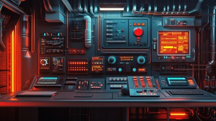 Obraz premium A futuristic control panel displays complex illuminated electronics instruments