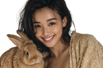 Smiling woman with a pet rabbit