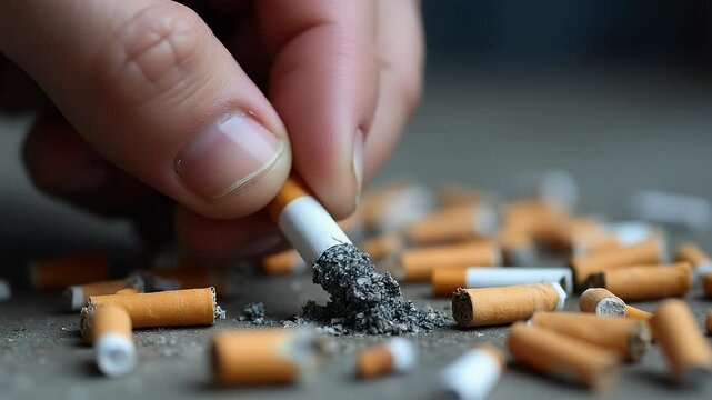Close-up of a hand crushing a cigarette, surrounded by scattered butts on a textured surface, symbolizing smoking cessation efforts