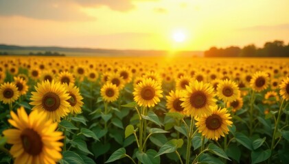 Endless field of vibrant sunflowers basking in golden sunlight , happy, wildflowers