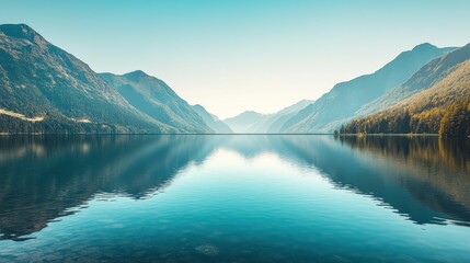 Beautiful serene lake reflecting mountains under a clear blue sky