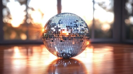 Shiny disco ball reflecting warm sunlight on a wooden floor with a blurred window and trees in the background
