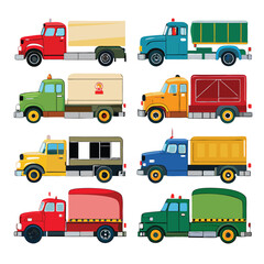 Six classic lorry arranged on white background
