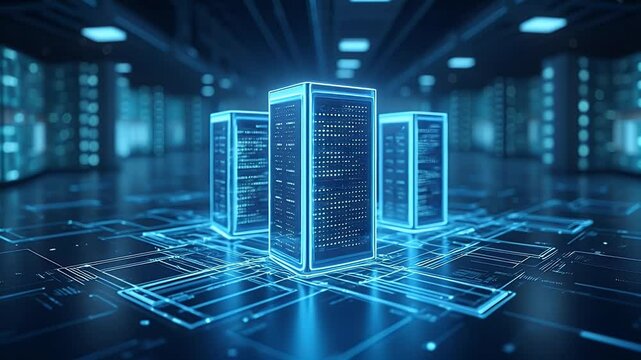 Futuristic data center featuring glowing server racks interconnected by digital circuits, showcasing advanced technology in a sleek environment