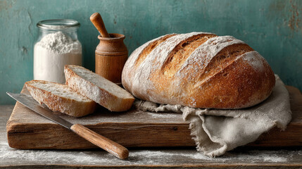 Freshly baked artisan loaf with milk and flour