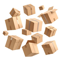 Fototapeta premium Dynamic assemblage of cardboard boxes against a stark, contrasting backdrop