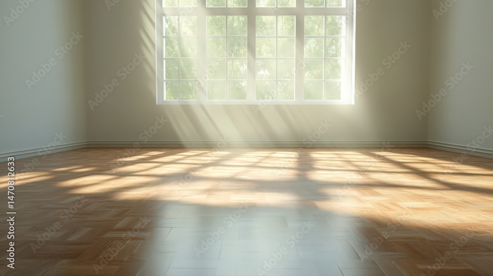 Poster empty room with sunlight streaming through large window