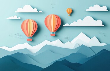 Colorful hot air balloons floating peacefully above layered mountains with snowy peaks under a clear blue sky with clouds and birds