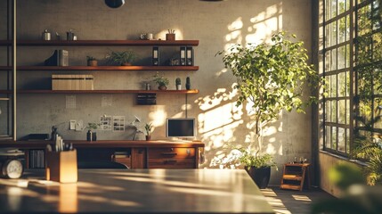 A beautifully lit modern office space with natural greenery indoors