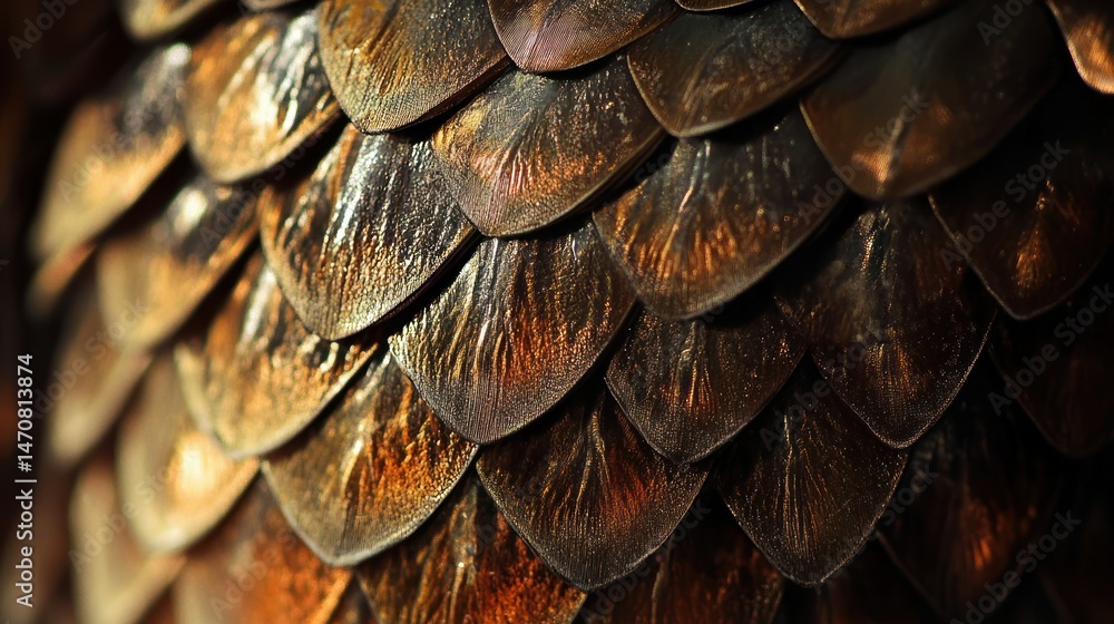 Poster close up image of overlapping shiny textured metallic scales
