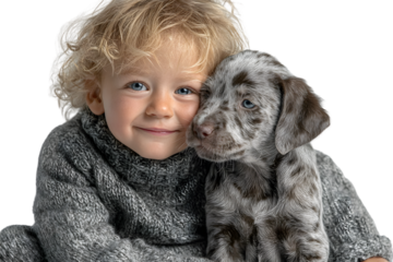 Toddler and puppy cuddling heartwarming friendship adorable animals child and pet winter sw