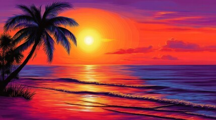 A beautiful sunset over the ocean with a palm tree silhouette