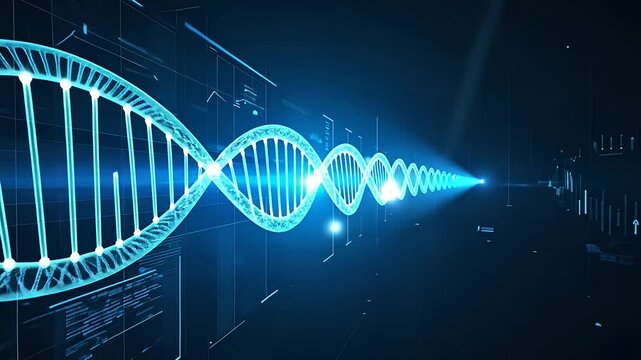 Futuristic blue DNA helix in a dark digital space with glowing elements. - Powered by Adobe