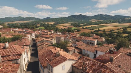 Obraz premium Southern French village with red rooftops and mountain backdrop in golden afternoon sunlight
