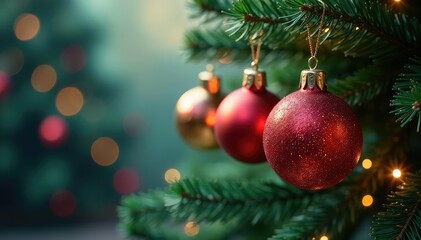 Fototapeta premium Sparkling Christmas tree ornaments hanging on a decorated tree branch , christmas spirit, celebratory