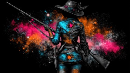 Fototapeta premium Cosmic Pilgrims and Wanderers: A Colorful Journey Through the Galactic Frontier with a Mysterious Figure in a Hat and Rifle