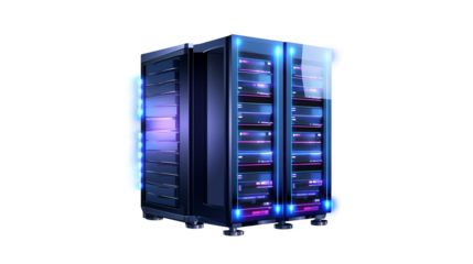 Powerful Server Racks with Glowing Blue and Pink Lights ideal for Technology and Data Center Concepts