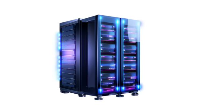 Powerful Server Racks with Glowing Blue and Pink Lights ideal for Technology and Data Center Concepts