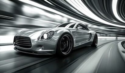 silver sports car speeding through a curved illuminated tunnel with motion blur conveying high speed and dynamic movement